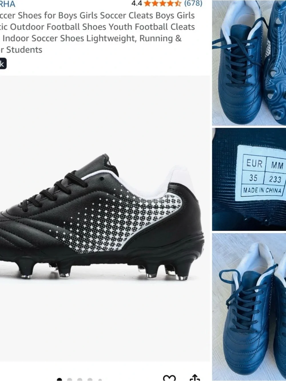 Youth Black and White Soccer Cleats - Kids Athletic Football Shoes